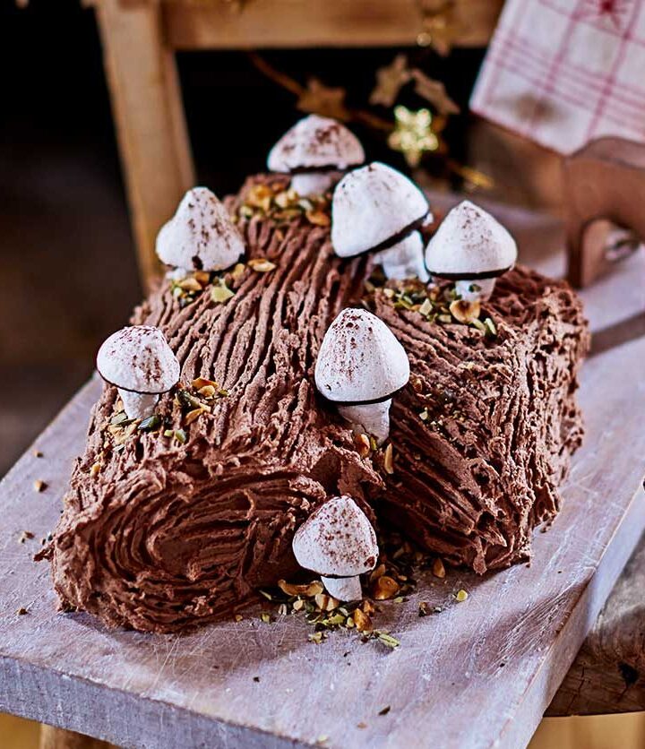 https://www.pontalo.net - Chocolate hazelnut yule log with meringue mushrooms