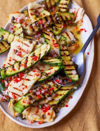 https://www.pontalo.net - Grilled courgette & halloumi salad with caper & lemon dressing