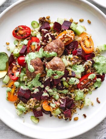 https://www.pontalo.net - Lamb meatballs & green tahini tabbouleh