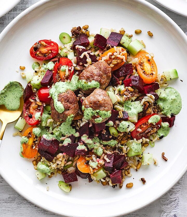 https://www.pontalo.net - Lamb meatballs & green tahini tabbouleh