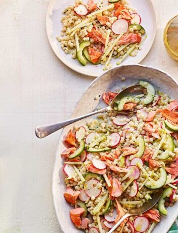 https://www.pontalo.net - Pearl couscous salad with hot smoked trout & buttermilk dressing