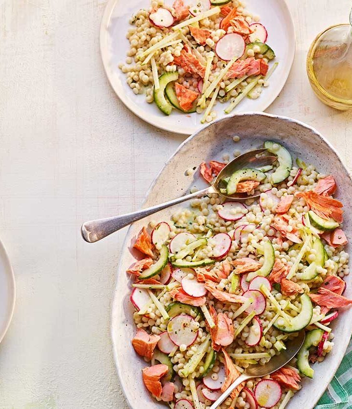 https://www.pontalo.net - Pearl couscous salad with hot smoked trout & buttermilk dressing