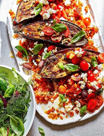 https://www.pontalo.net - Roast puttanesca aubergines with tomato rice & feta