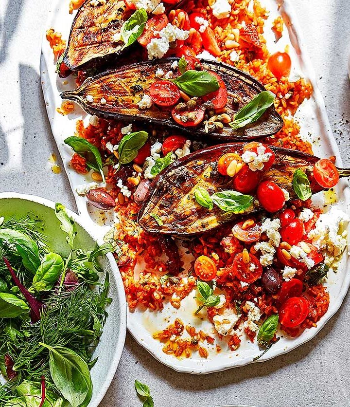 https://www.pontalo.net - Roast puttanesca aubergines with tomato rice & feta