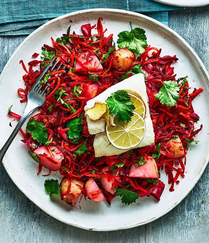 https://www.pontalo.net - Roasted cod with zingy beetroot salad