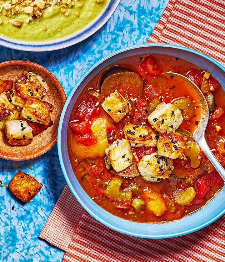 https://www.pontalo.net - Roasted vegetable soup with halloumi ‘croutons’