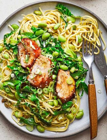 https://www.pontalo.net - Sticky hoisin pork fillet with sesame greens & noodles