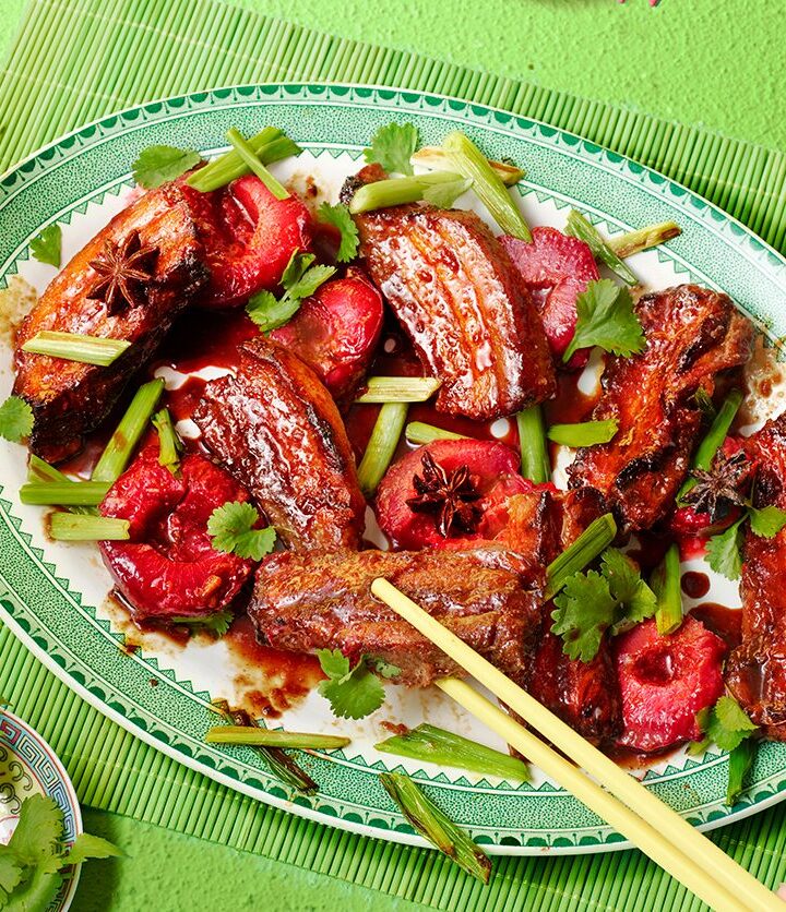 https://www.pontalo.net - Sticky five-spice pork belly with ginger & plums