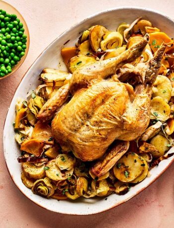 https://www.pontalo.net - Whole roast chicken with braised roots & peas