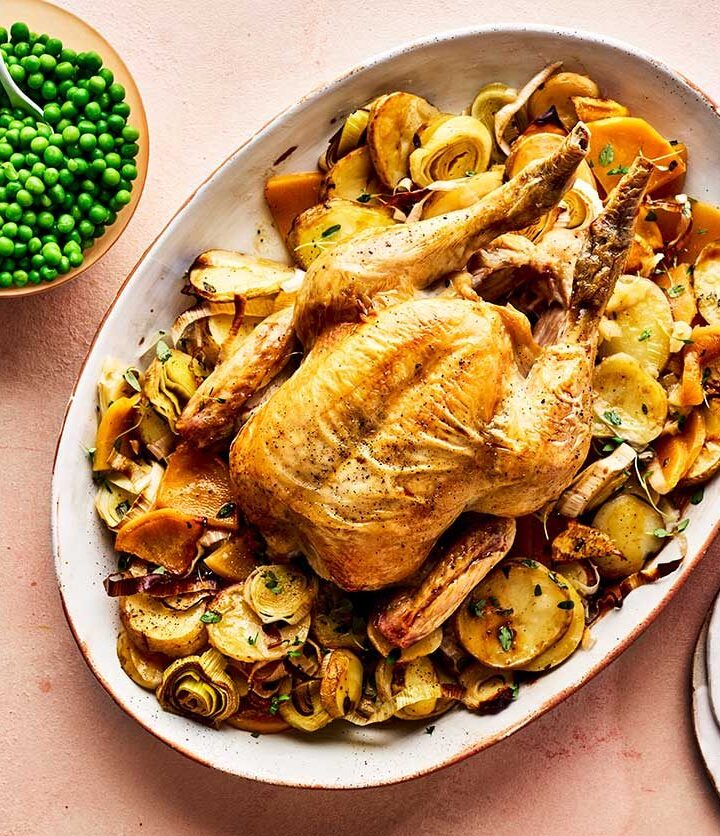 https://www.pontalo.net - Whole roast chicken with braised roots & peas