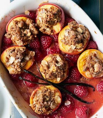 https://www.pontalo.net - Baked nectarines & raspberries with almonds & honey