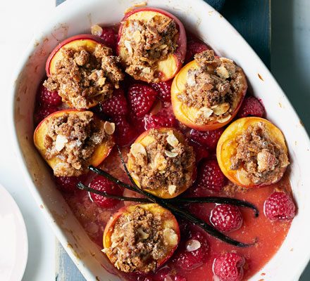 https://www.pontalo.net - Baked nectarines & raspberries with almonds & honey