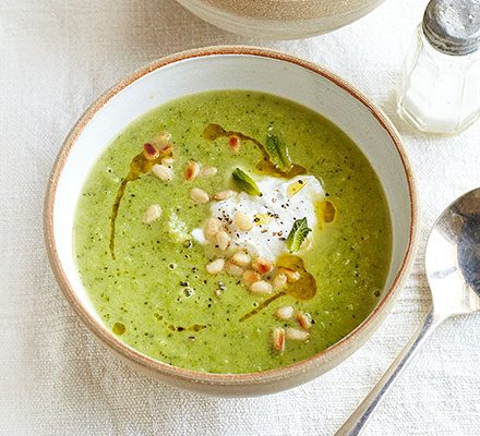 https://www.pontalo.net - Broccoli & pea soup with minty ricotta