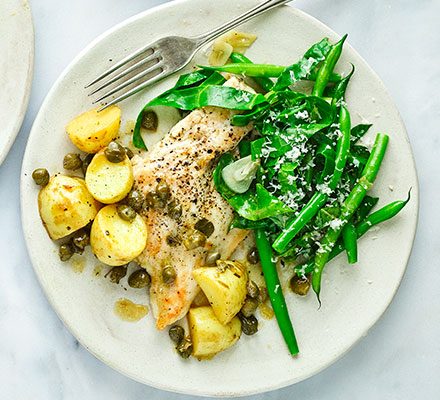 https://www.pontalo.net - Chicken piccata with garlicky greens & new potatoes