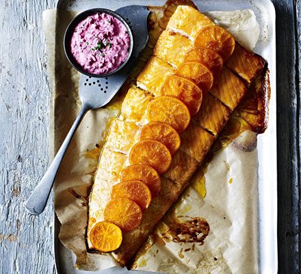 https://www.pontalo.net - Clementine & vodka-baked salmon with beetroot crème fraîche sauce