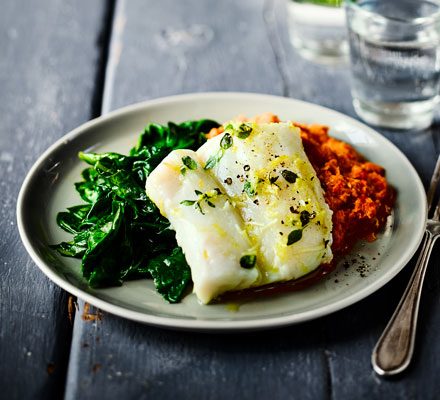 https://www.pontalo.net - Herb & garlic baked cod with romesco sauce & spinach