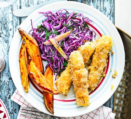 https://www.pontalo.net - Crispy cod fingers with wedges & dill slaw