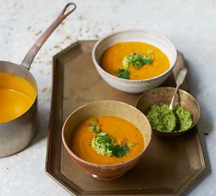 https://www.pontalo.net - Curried carrot soup with cashew & coriander salsa