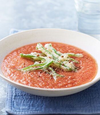 https://www.pontalo.net - Gazpacho with runner bean tempura & pickled coriander seeds