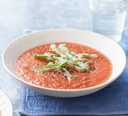 https://www.pontalo.net - Gazpacho with runner bean tempura & pickled coriander seeds