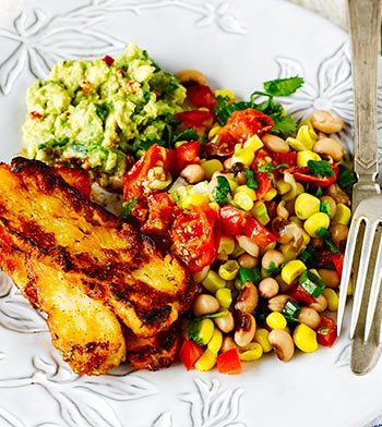 https://www.pontalo.net - Cajun grilled halloumi with lime black-eyed bean salad & guacamole