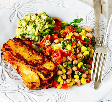 https://www.pontalo.net - Cajun grilled halloumi with lime black-eyed bean salad & guacamole