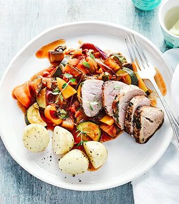 https://www.pontalo.net - Herb & garlic pork with summer ratatouille