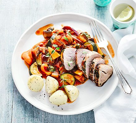 https://www.pontalo.net - Herb & garlic pork with summer ratatouille