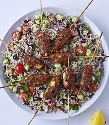 https://www.pontalo.net - Spicy lamb & feta skewers with Greek brown rice salad