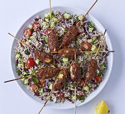 https://www.pontalo.net - Spicy lamb & feta skewers with Greek brown rice salad