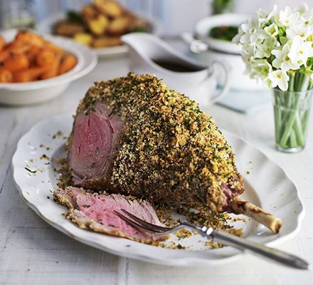 https://www.pontalo.net - Herb-crusted leg of lamb with red wine gravy