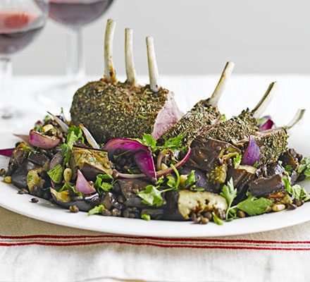 https://www.pontalo.net - Herby lamb with roast aubergine & puy lentils