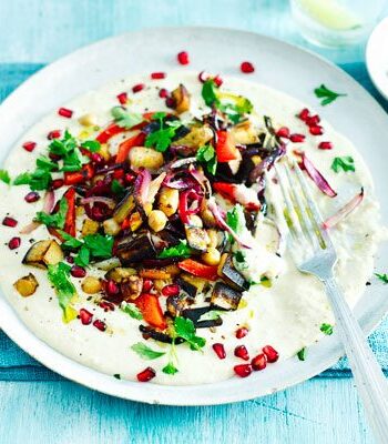 https://www.pontalo.net - Lemon roast vegetables with yogurt tahini & pomegranate