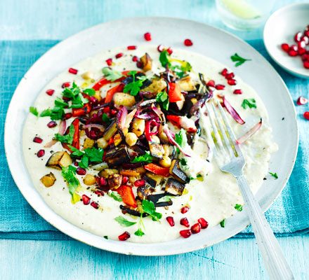 https://www.pontalo.net - Lemon roast vegetables with yogurt tahini & pomegranate