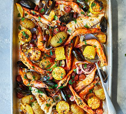 https://www.pontalo.net - One-pan seafood roast with smoky garlic butter