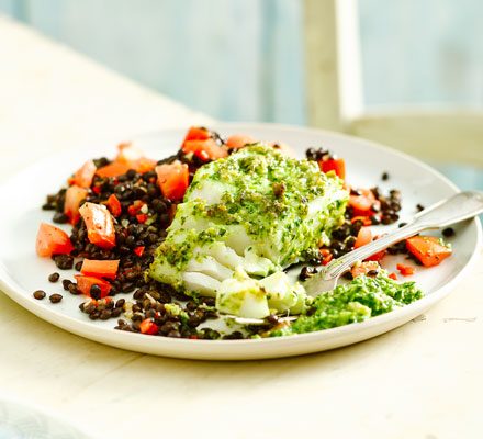 https://www.pontalo.net - Pesto-crusted cod with puy lentils