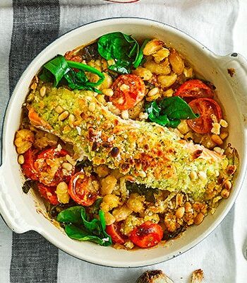 https://www.pontalo.net - Pesto salmon & bean gratins