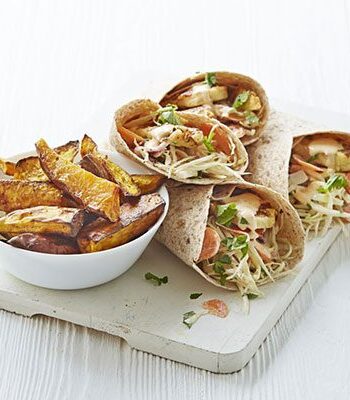 https://www.pontalo.net - Piri-piri halloumi & slaw wraps with sweet potato wedges