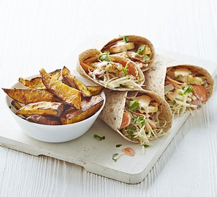 https://www.pontalo.net - Piri-piri halloumi & slaw wraps with sweet potato wedges