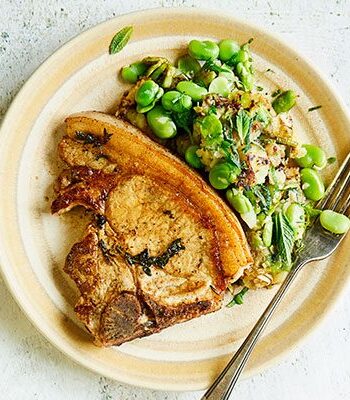 https://www.pontalo.net - Pork chops with broad bean & minted Jersey smash