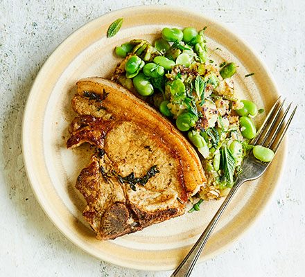 https://www.pontalo.net - Pork chops with broad bean & minted Jersey smash