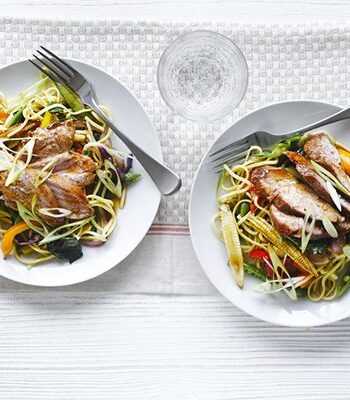 https://www.pontalo.net - Sticky soy & honey pork with noodles