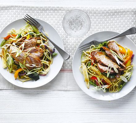 https://www.pontalo.net - Sticky soy & honey pork with noodles