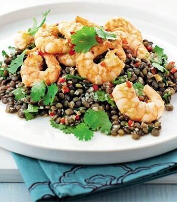 https://www.pontalo.net - Garlic prawns with puy lentils