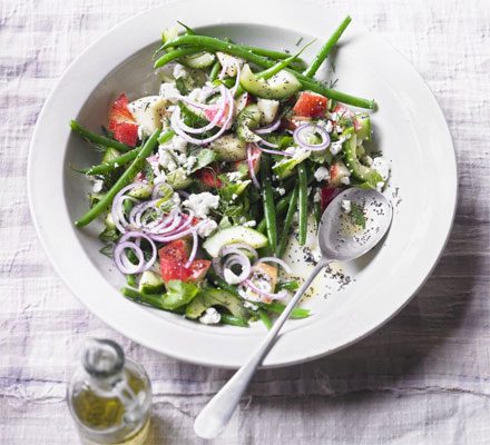 https://www.pontalo.net - Herby feta & nectarine salad with lemon poppy seed dressing