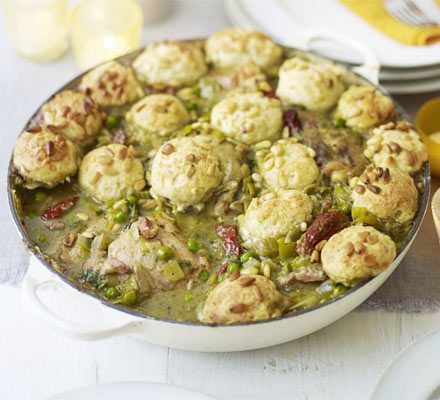 https://www.pontalo.net - Pesto chicken stew with cheesy dumplings