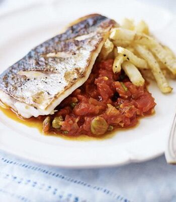 https://www.pontalo.net - Pan-fried sea bass with puttanesca sauce & celeriac chips