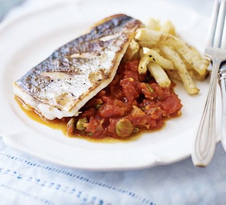 https://www.pontalo.net - Pan-fried sea bass with puttanesca sauce & celeriac chips