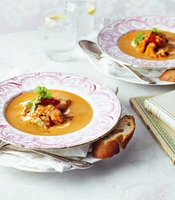 https://www.pontalo.net - Seared garlic seafood with spicy harissa bisque