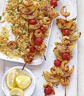 https://www.pontalo.net - Harissa prawn skewers with carroty couscous